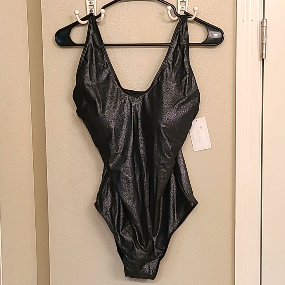 US Size 10 Miss Adola Silver gun metal Metallic one piece swimsuit NWT lined